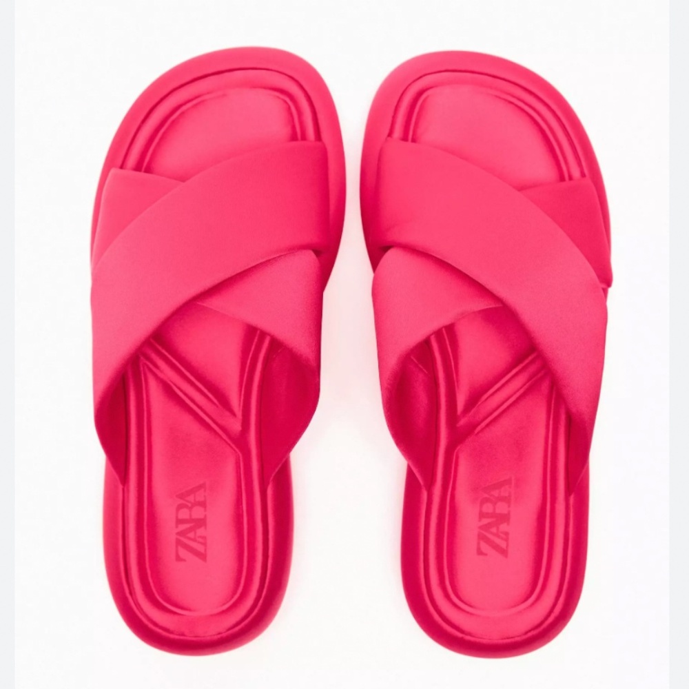 Zara fuchsia pink crossed satiny flat sandals slides NWT
